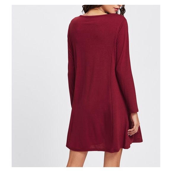 Burgundy Red Long Sleeve Side Pockets Shift Dress - Picture 6 of 6